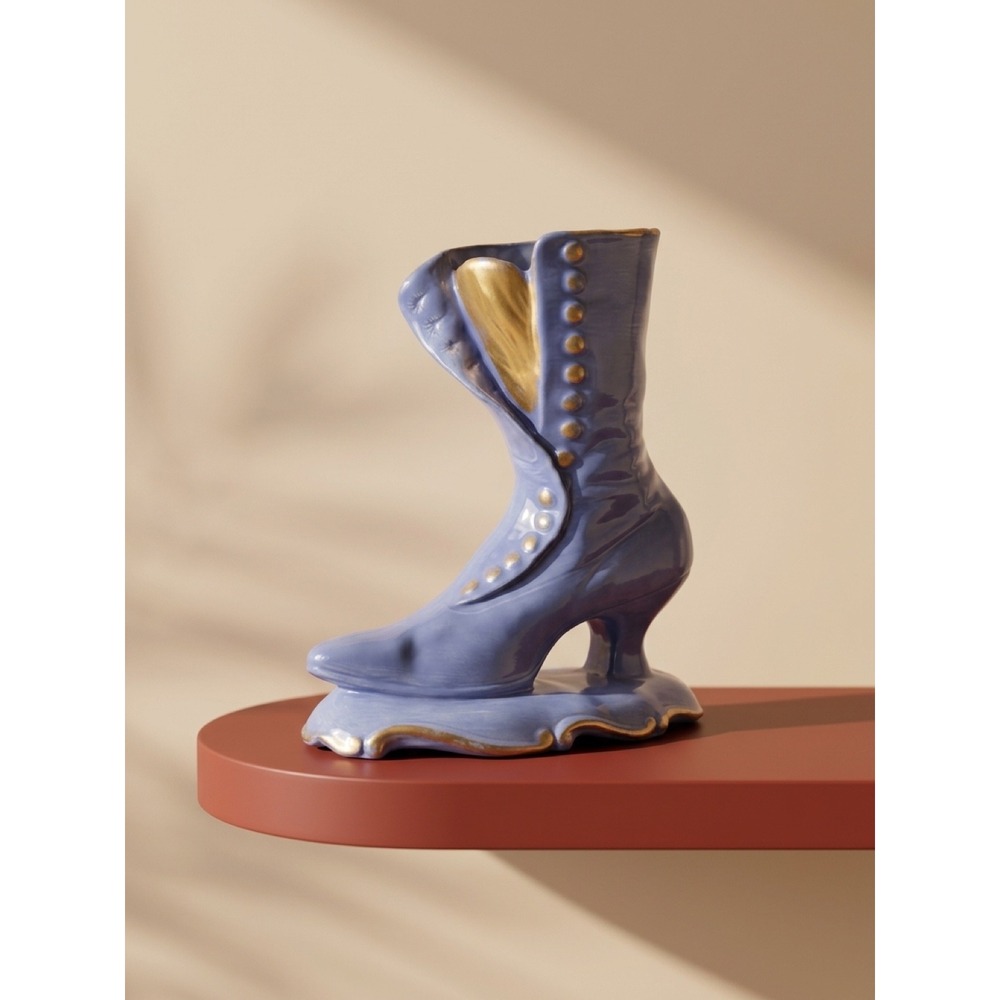 Modern Vintage Inspired Ceramic Victorian Boot Vase Blue Gold Accent Decor